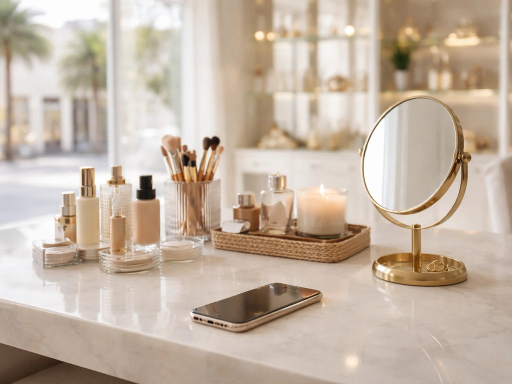 Beverly Hills luxury beauty studio desk with a phone and cosmetics, evoking media and wealth research