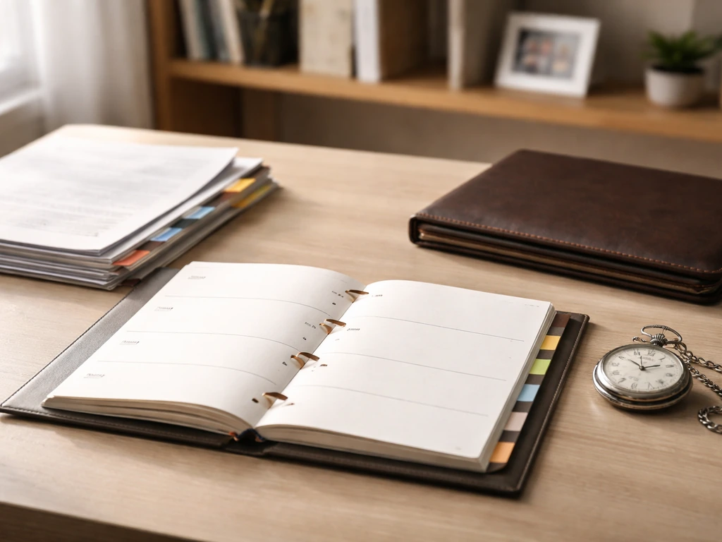 Minimal desk with blank planner pages, documents, and a pocket watch symbolizing a decade-by-decade career timeline.