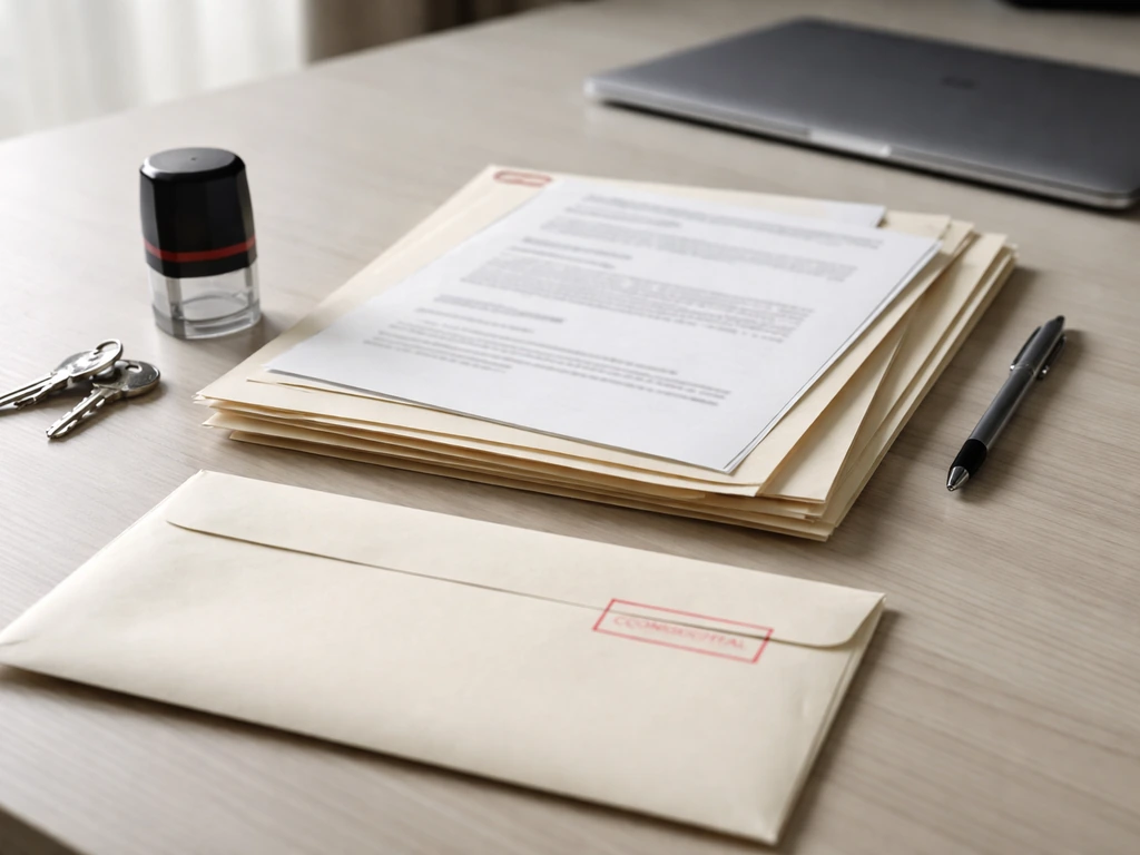 Minimal desk with anonymized public-record documents and a stamped envelope, suggesting verifiable filings.
