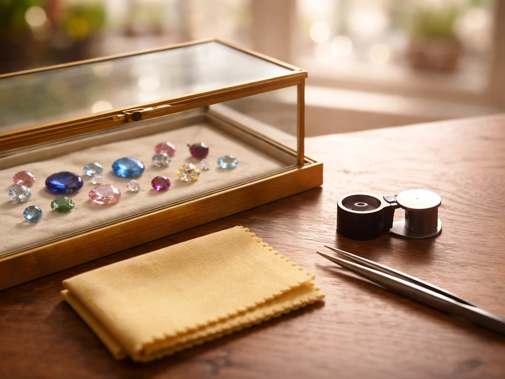 Jewelry entrepreneur’s quiet workspace with a display case, tools, and warm light, suggesting Charles J. Winston.