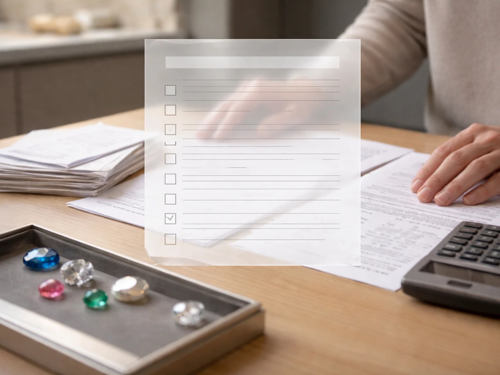 Close-up of hands reviewing jewelry business papers and a calculator in a quiet office setting.