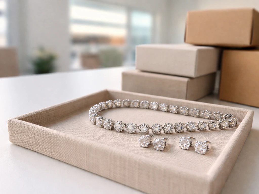 Close-up of cubic zirconia jewelry on a desk with unbranded packaging cues.