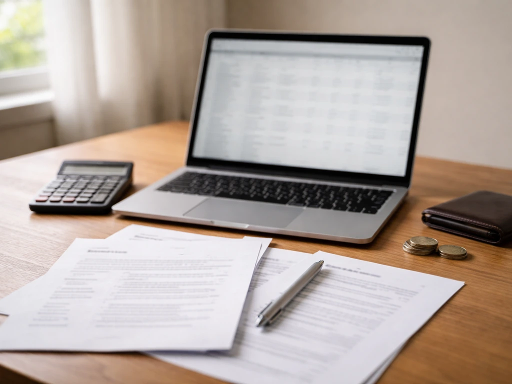 Minimal desk scene with a laptop, calculator, and printed financial documents for net-worth verification.