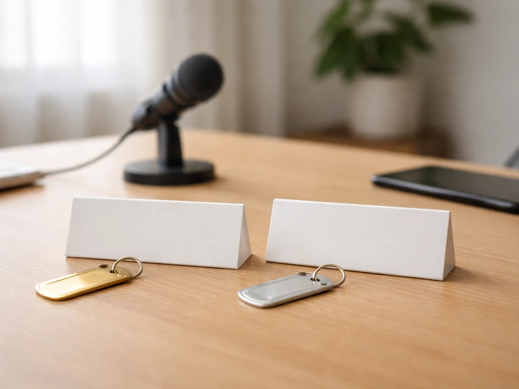 Anonymous office desk with two blank nameplate placeholders and contrasting tags beside a microphone.
