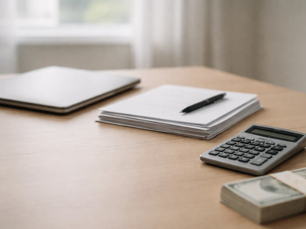 Minimal office desk with laptop, calculator, and papers beside a small cash bundle symbolizing net worth estimates.