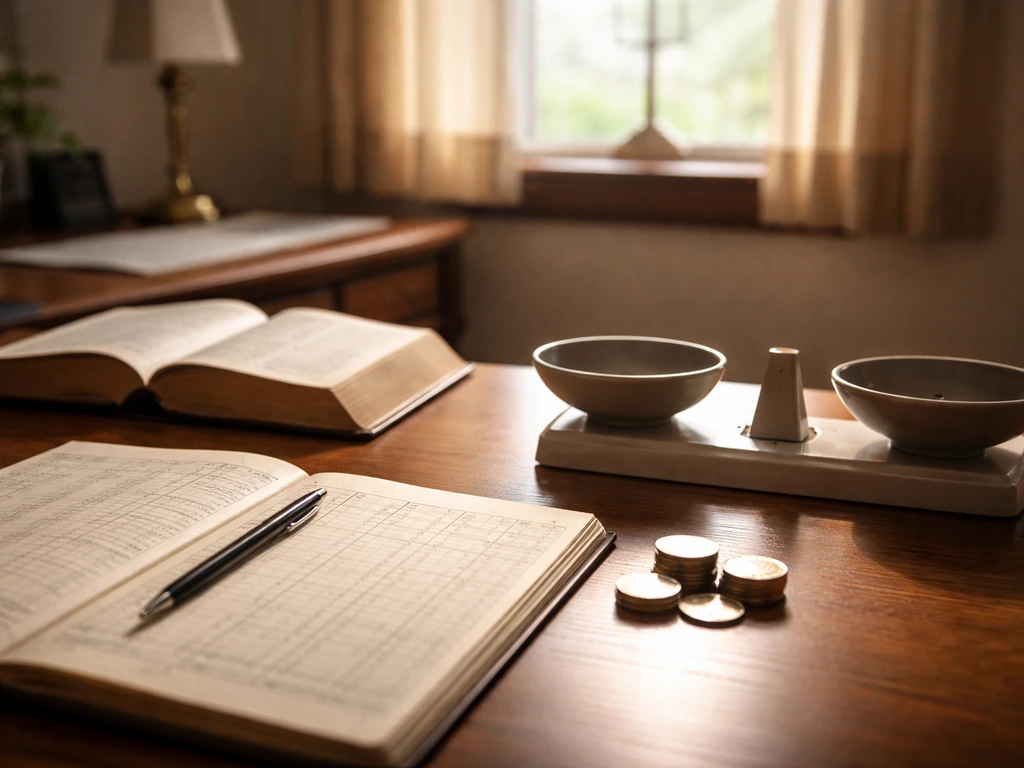 Church desk with ledger, coins, and a small scale suggesting financial records and net worth analysis.