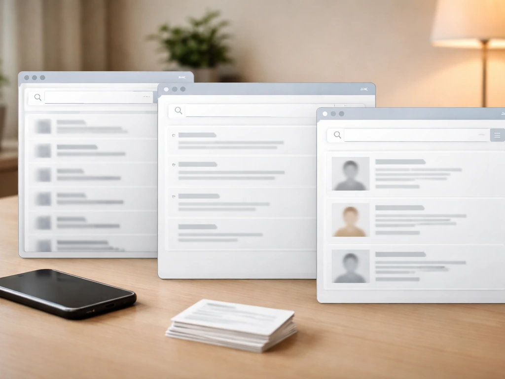 Minimal office desk with overlapping blurred search/disambiguation windows suggesting multiple people share a name.