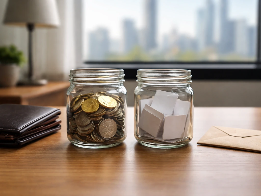 Minimal desk scene with an assets jar and liabilities jar with coins and blank slips, no text.