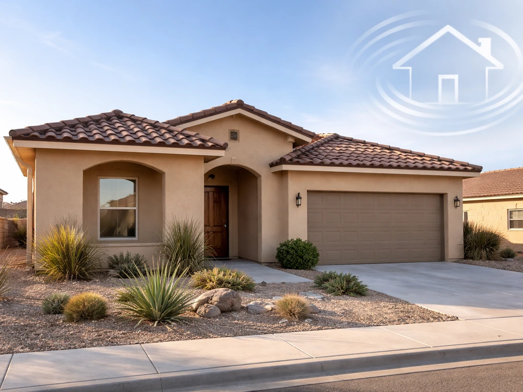 Sunlit suburban house exterior with a blurred mortgage-style graphic overlay symbolizing home equity and liabilities.
