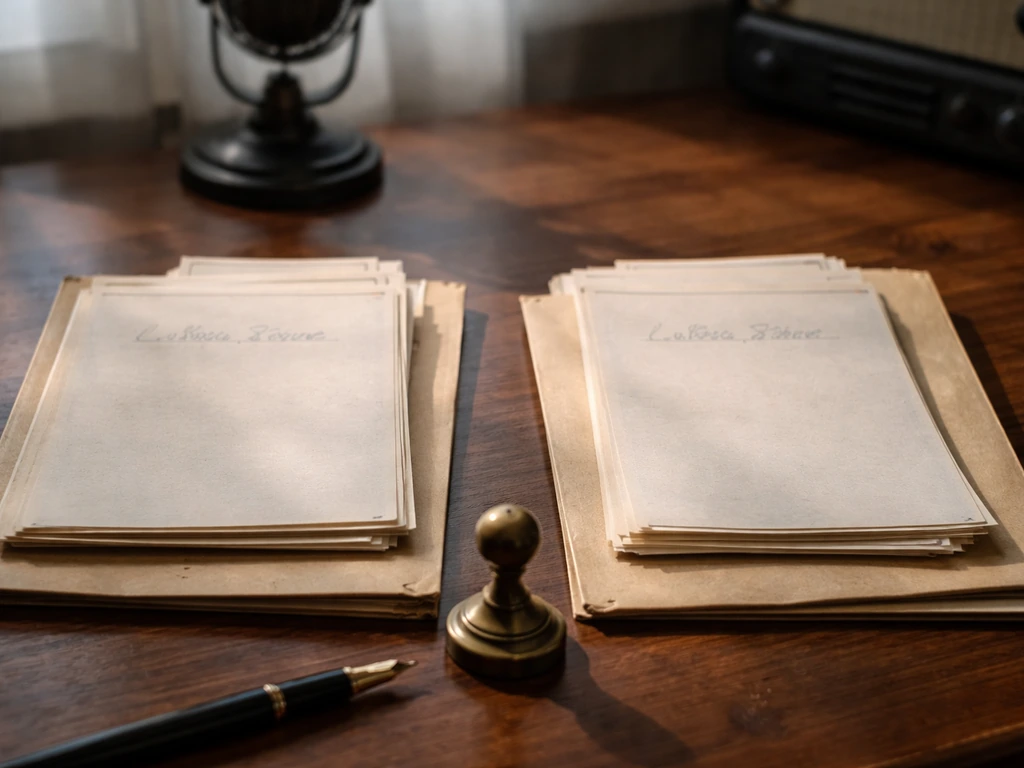 Vintage desk scene with two name-card stacks suggesting confusing similar identities, beside a pen and paperweight.
