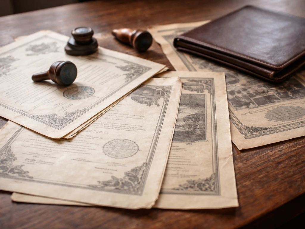 Vintage studio contract papers, stamp marks, and aged film poster pages on a wooden desk