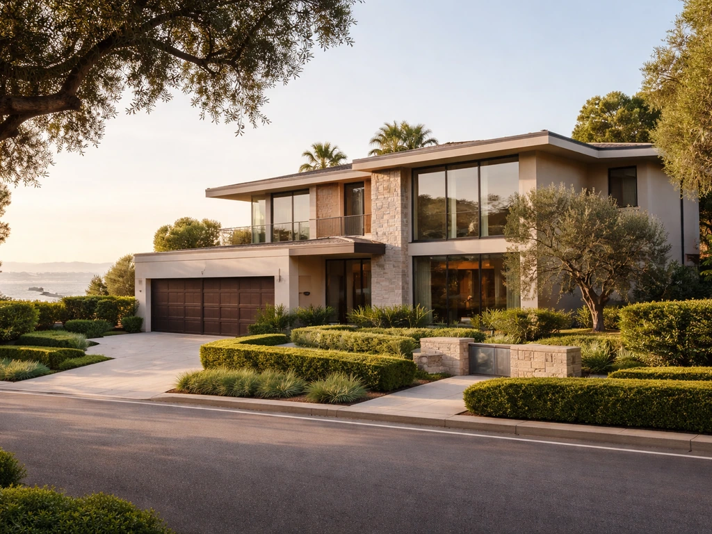 Exterior of a modern luxury hillside home in Pacific Palisades, seen from a quiet residential street.