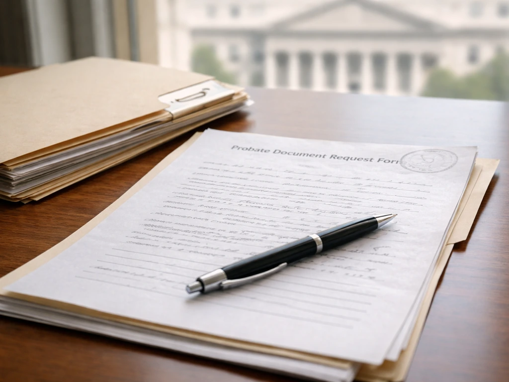 Desk scene with a probate document request form and legal papers near a courthouse view through a window.