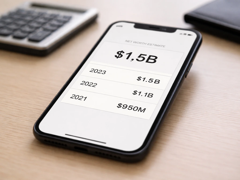 Smartphone on a desk showing a generic net worth estimate carousel with a highlighted $1.5B figure.