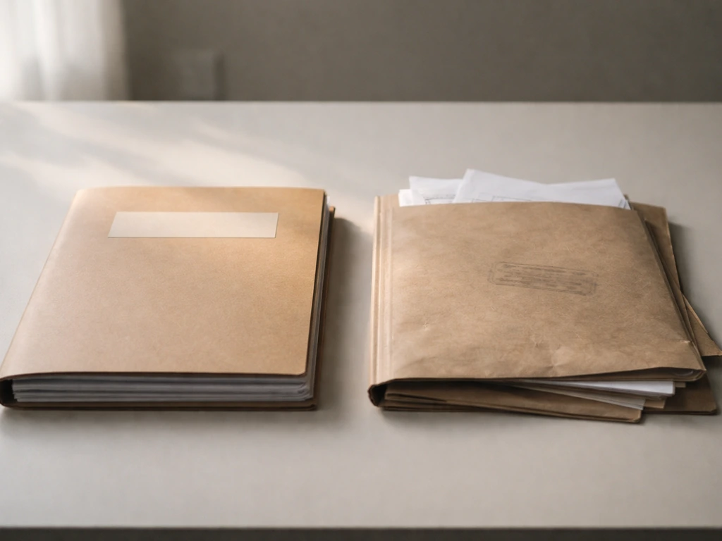 Two adjacent desk folders with neat documents on one side and loose, rumpled papers on the other.