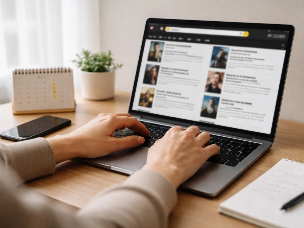 Hand using laptop to search a film database, with calendar date and notes beside it