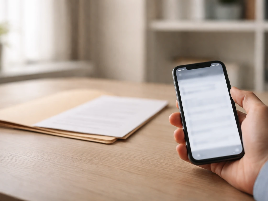 Close-up of a hand holding a phone over a blurred file folder in a quiet office, symbolizing verifying the right person.