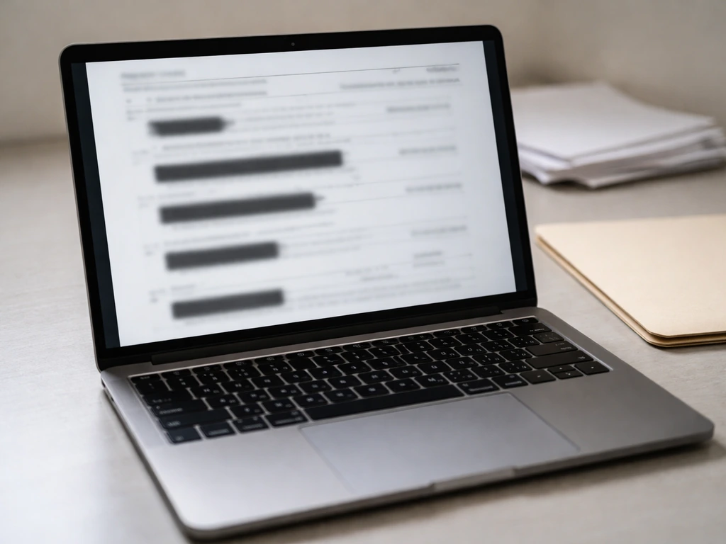 Minimal desk scene with a laptop displaying blurred, redacted federal court docket records, no readable text.