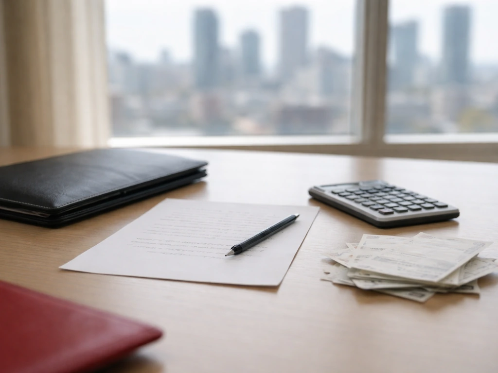 Minimal office desk with calculator and documents, symbolizing financial analysis and confidence range.