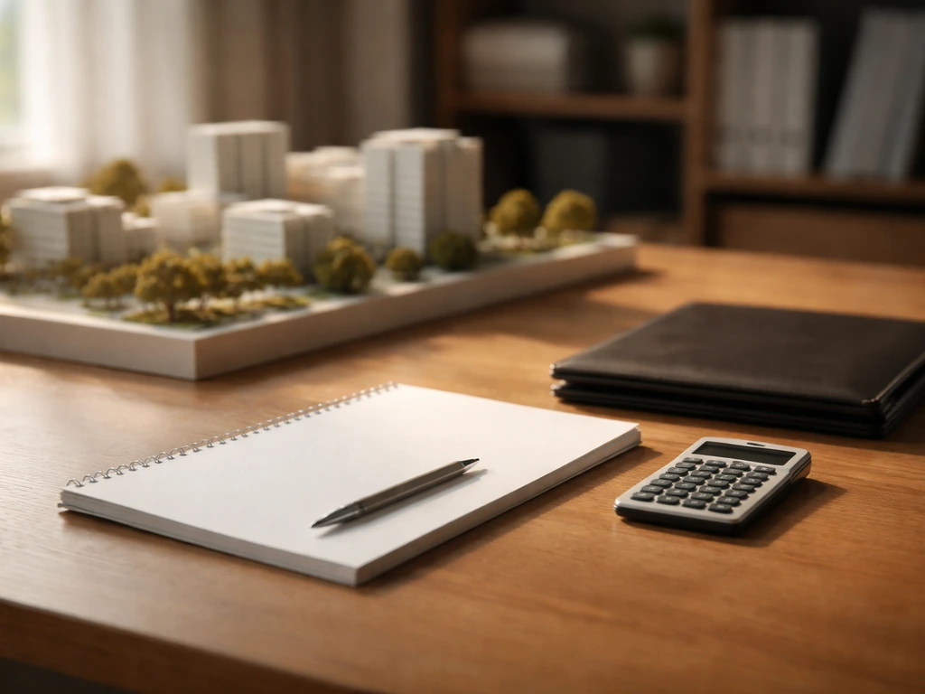 Minimal photo of an architect’s workspace with notes, a model, and a calculator suggesting net worth estimation.