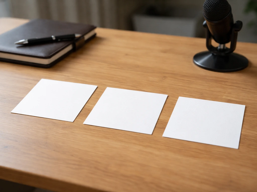 Minimal business desk with three separated reference cards suggesting different identities, without any text.