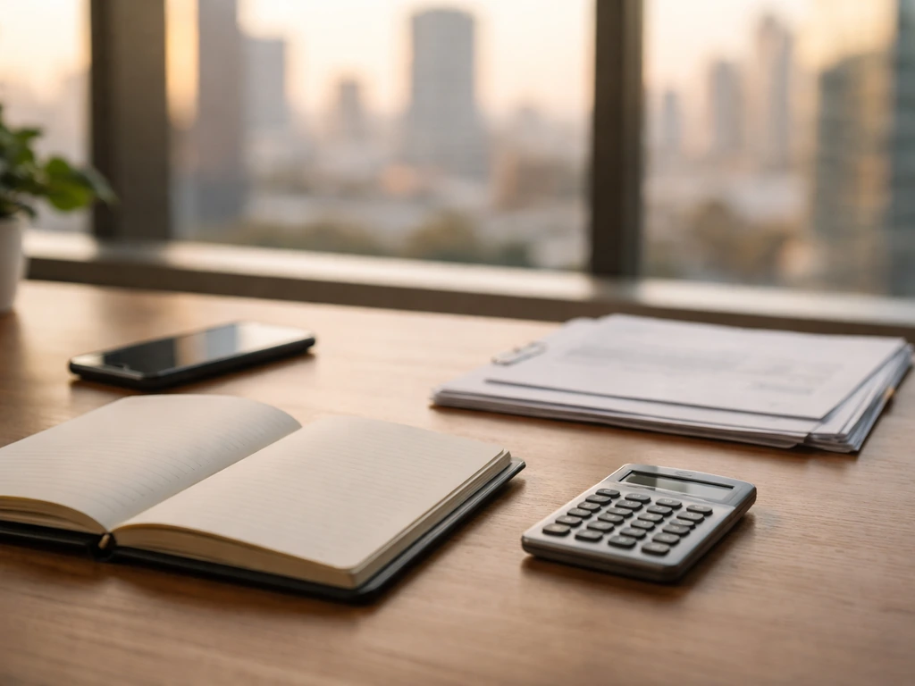 Minimal desk scene with documents, a calculator, and a blurred city view suggesting net worth categories