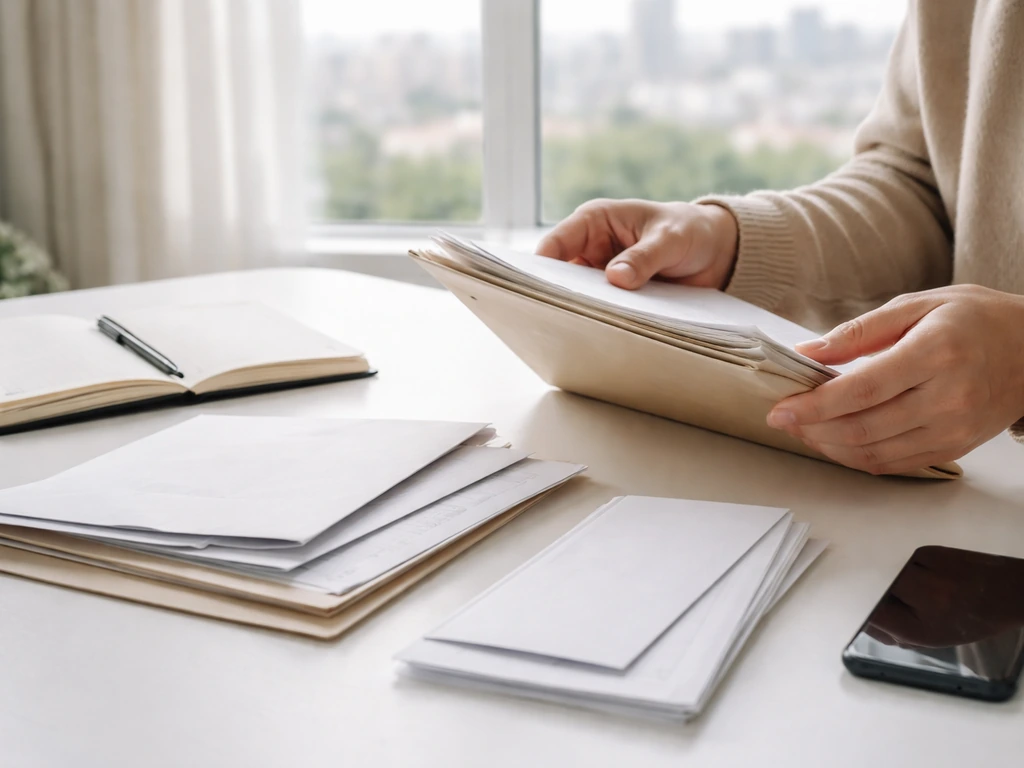 Minimal desk scene with envelopes, a small notebook, and a mortgage folder representing assets and liabilities.