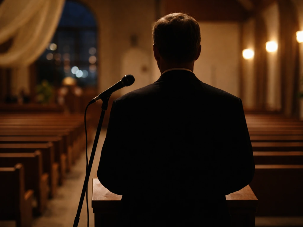 Minimal symbolic photo of a clergyman-like figure in a church setting with a microphone stand and soft light