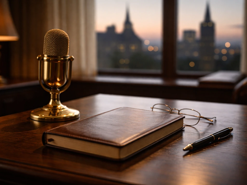 Minimal office scene with a desk microphone and ledger, symbolizing careful estimate and confidence.