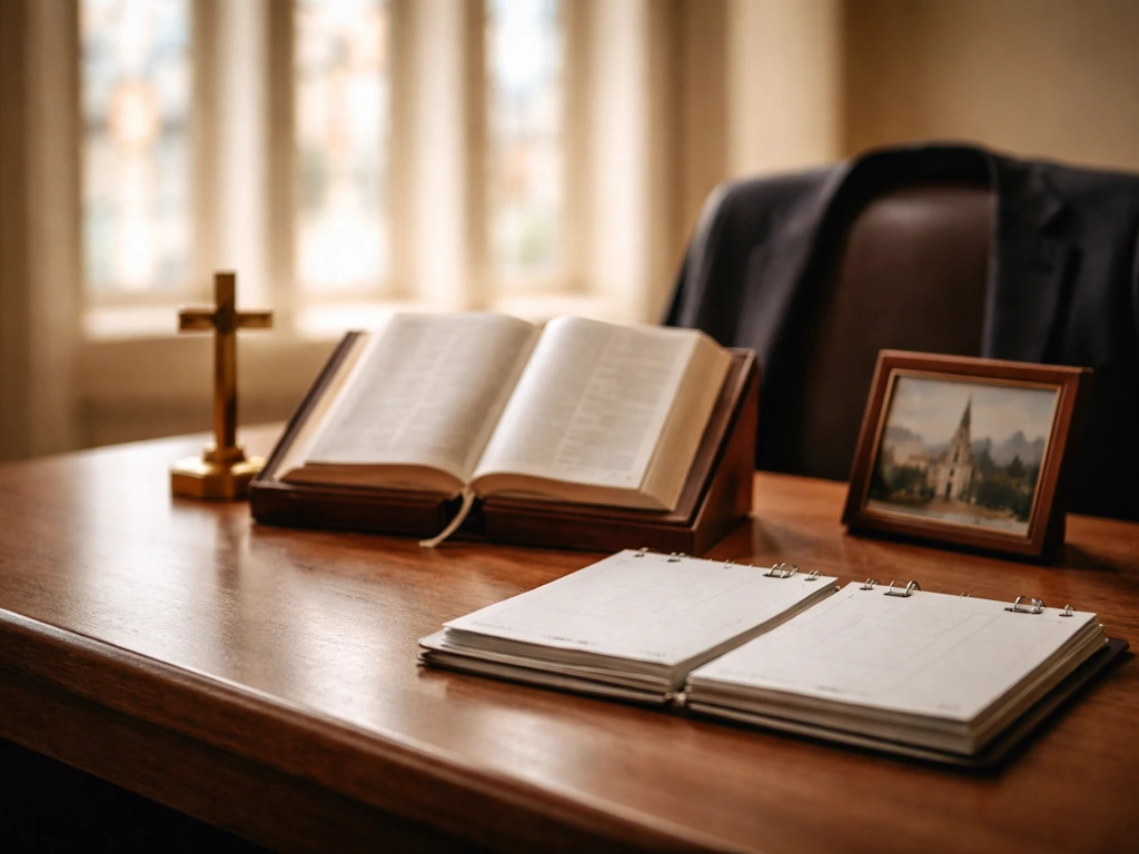 Minimal church office desk with open Bible, calendars, suit jacket, and cross, symbolizing long-term leadership