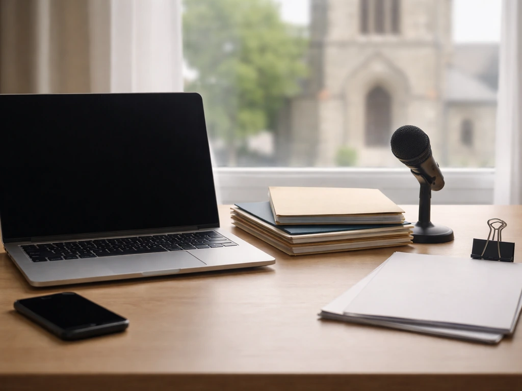 Minimal office desk with blank papers, envelopes, laptop, and microphone symbolizing institutional vs personal ties.