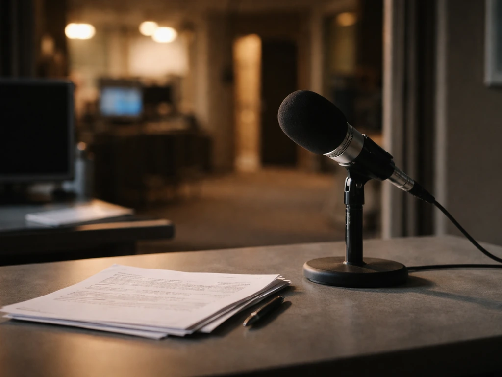 Unbranded TV studio desk with a broadcast microphone and soft-lit production hallway background.