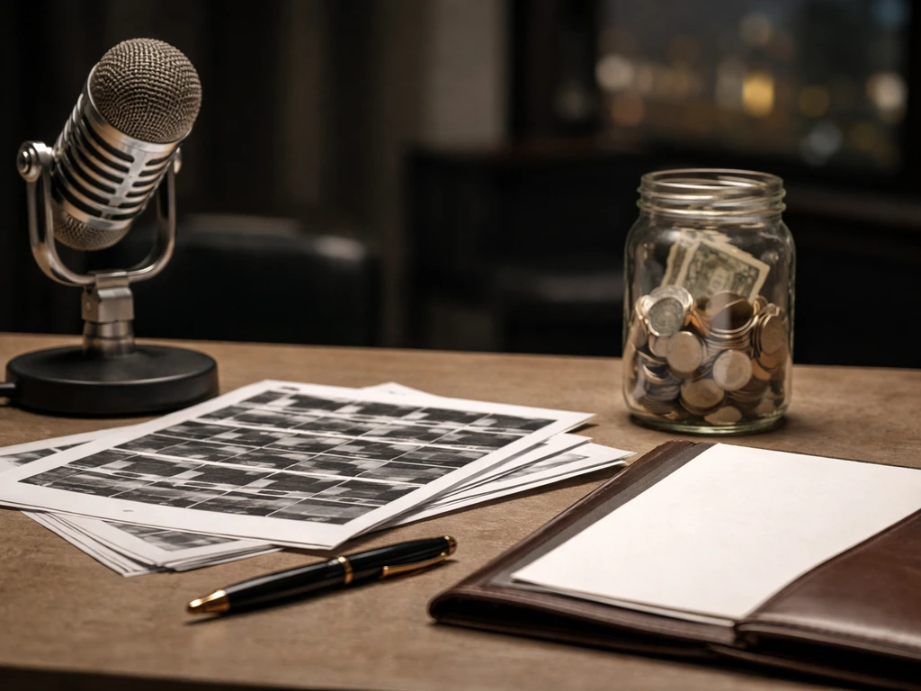 Office desk with microphone and coins, symbolizing a media career and financial estimate evidence.