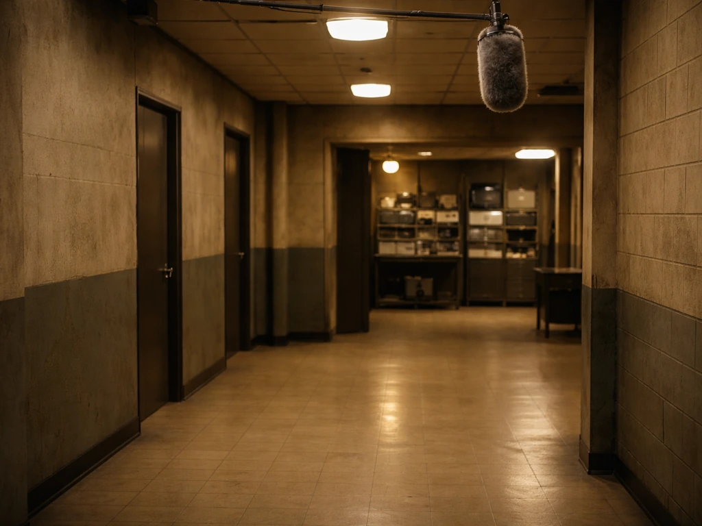 Vintage TV production scene with an old-style studio set and moody 1980s lighting.