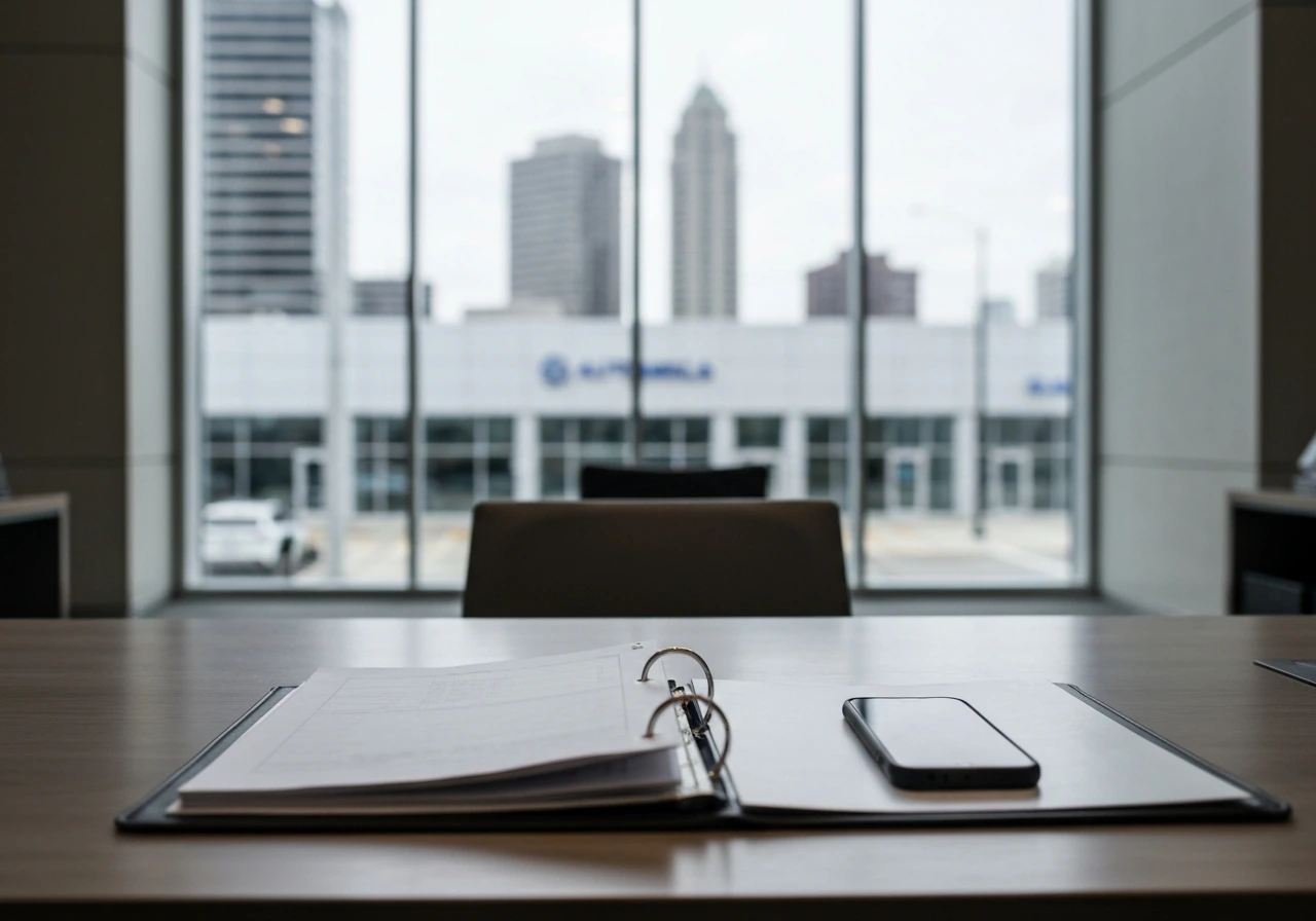 Minimal corporate office desk with open binder and city skyline outside, hinting automotive business leadership context.