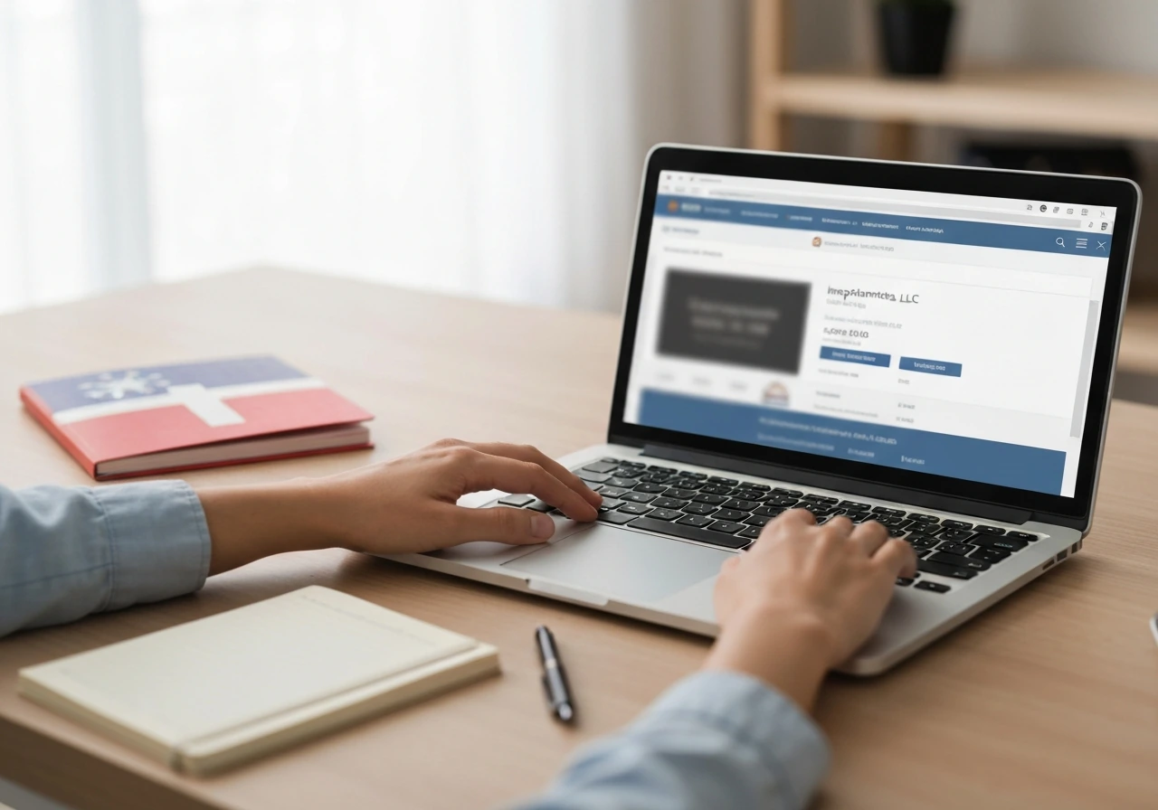 Close-up of a laptop showing a mock corporate records lookup for an investments LLC, Georgia-style