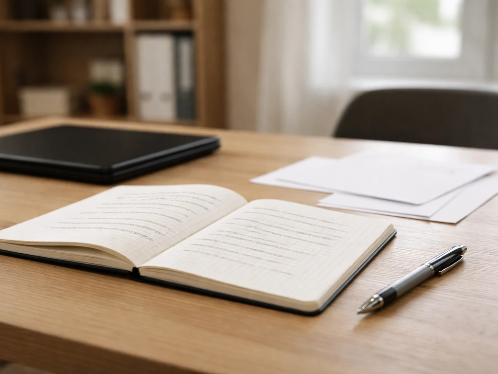 Open notebook of finance notes beside a laptop in a quiet office with soft natural light.