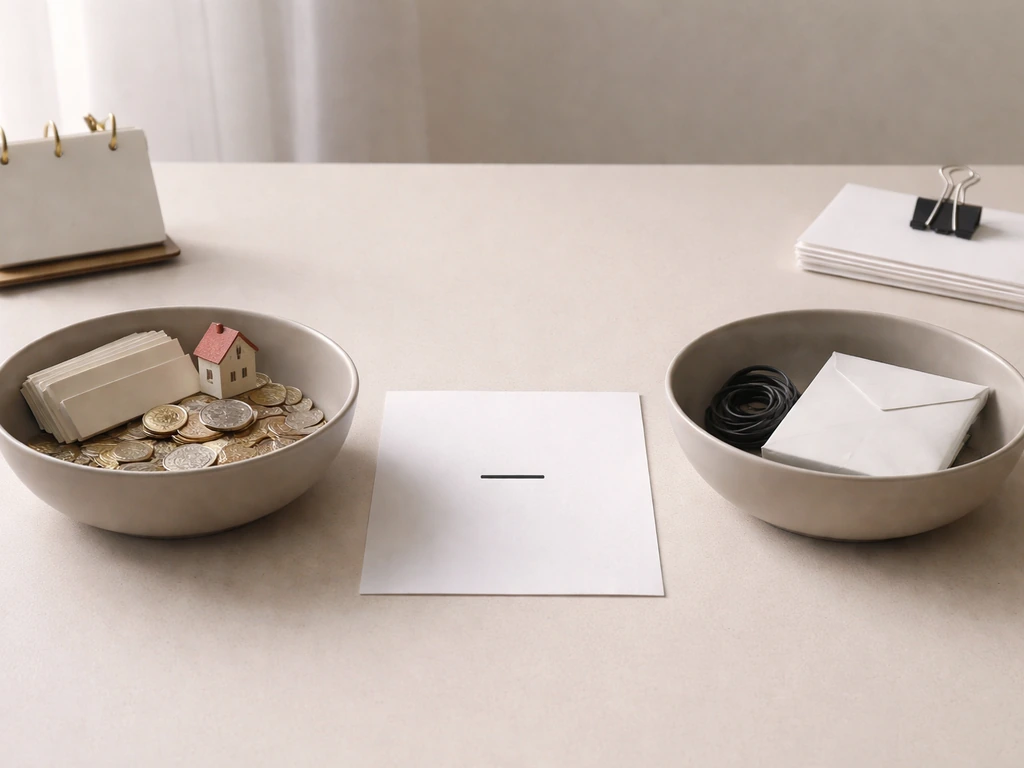 Minimal desk scene with two bowls symbolizing assets and liabilities and a blank central sheet.