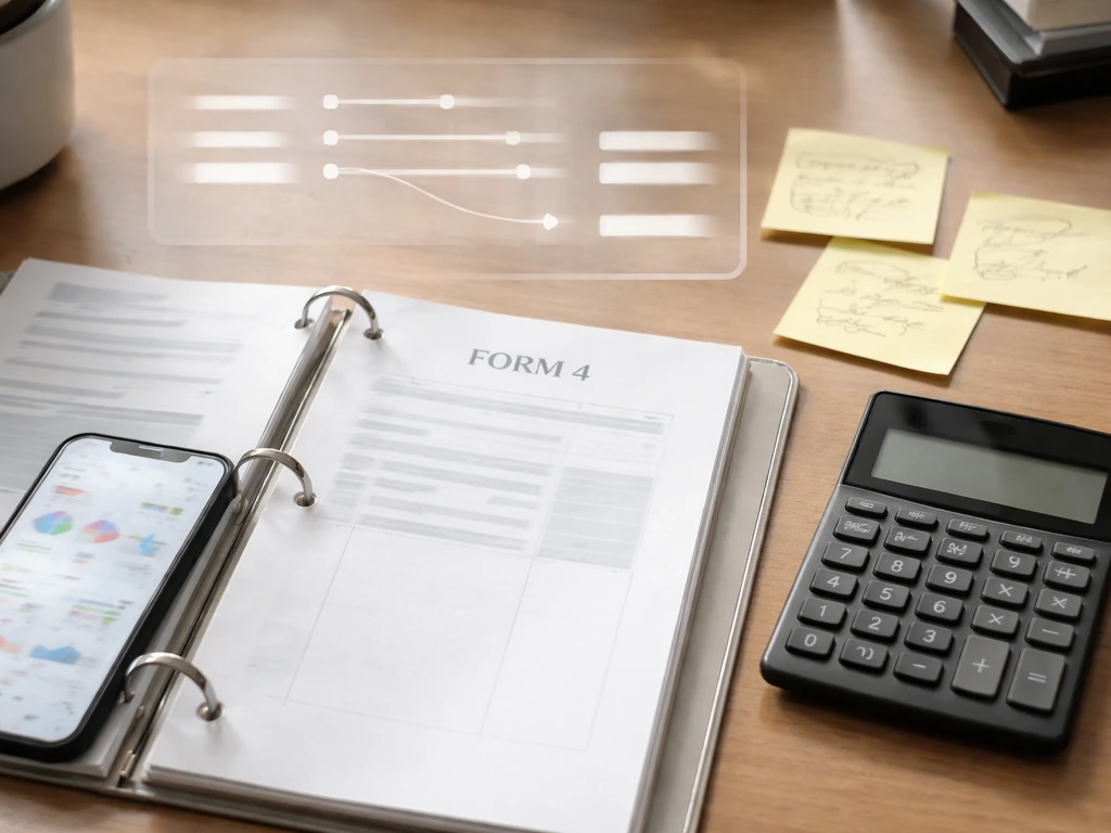 Office desk with a generic filing page, calculator, and blurred finance screen suggesting mapping Form 4 to calculations