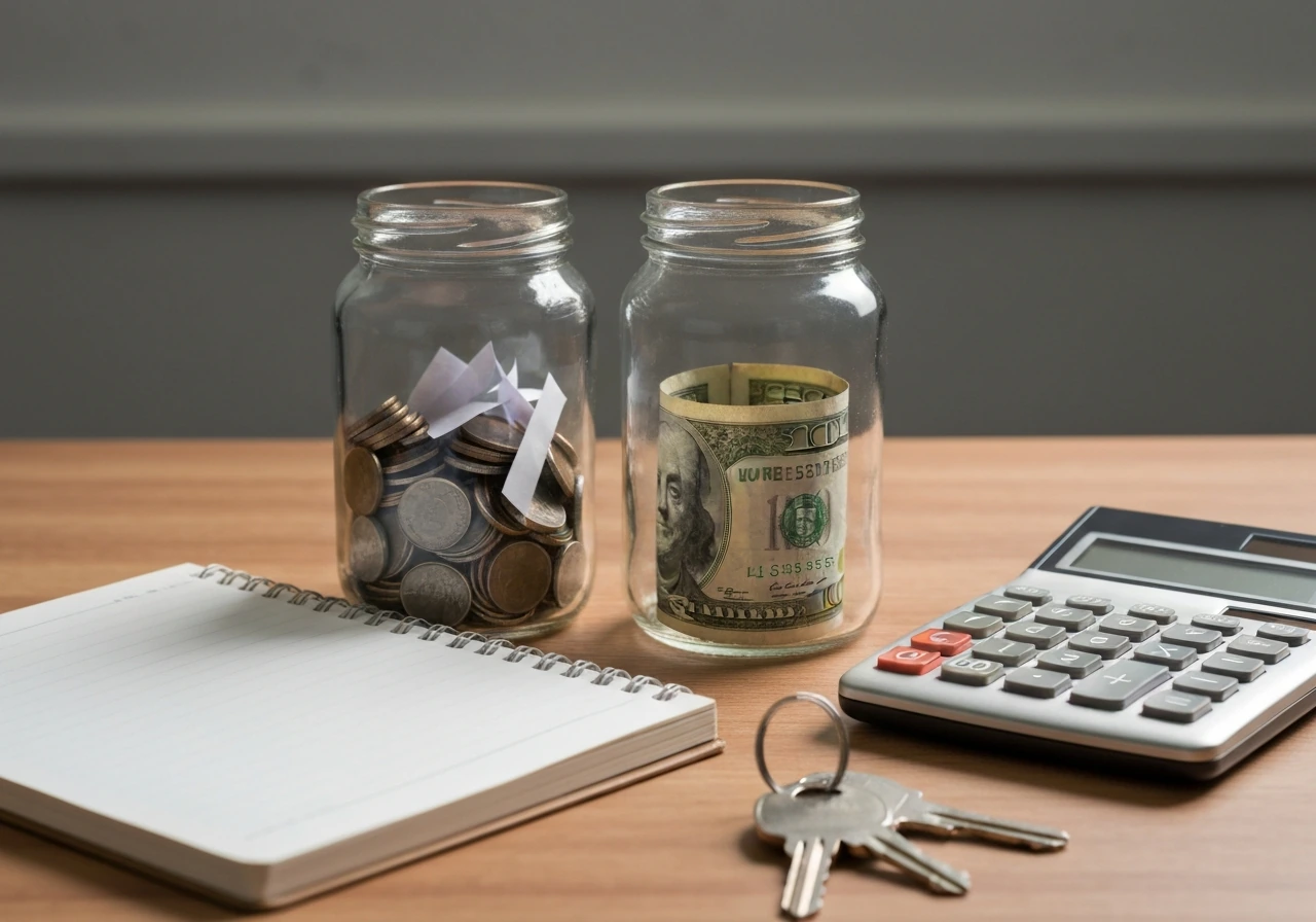 Coins jar and bills jar on a desk with keys and calculator, symbolizing assets minus liabilities
