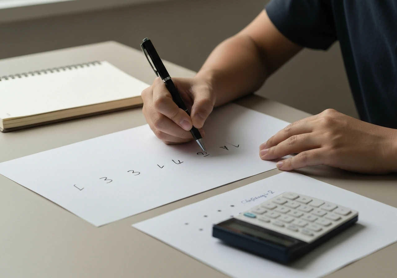 Person at a desk writing a careful step-by-step financial estimate on clean paper