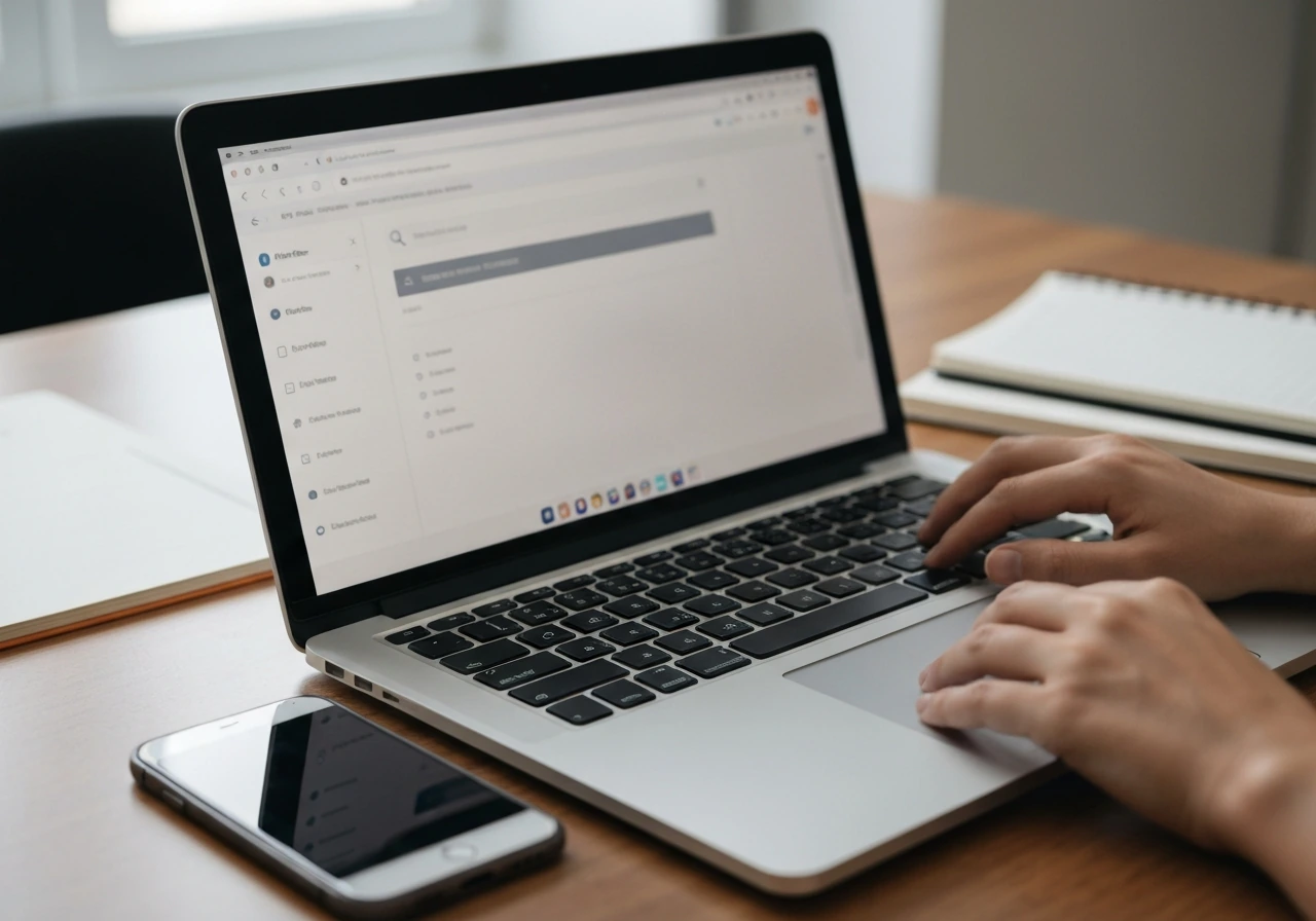 Close-up of a laptop search-and-filter setup on a desk with a phone nearby, minimal and realistic.