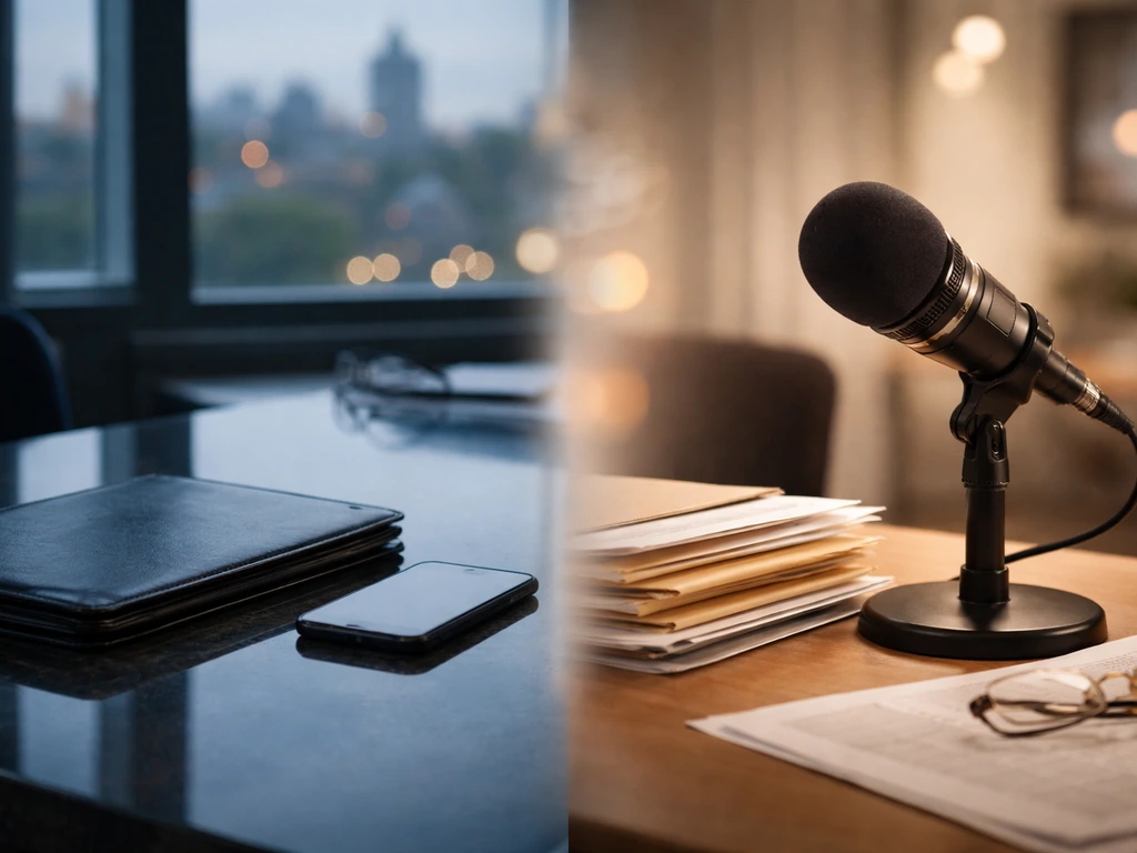 Split-scene of finance office items vs a media analysis desk, symbolizing net-worth identity confusion.