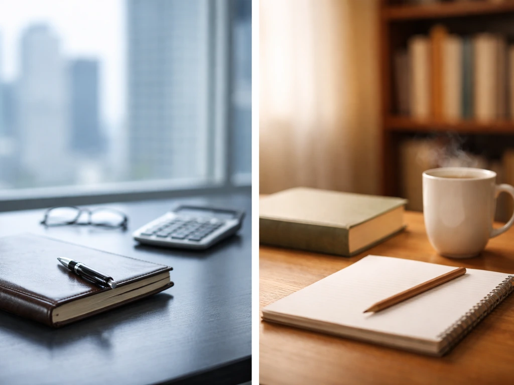Two simple side-by-side desk scenes: one finance-like, one author-like, suggesting two different identities.