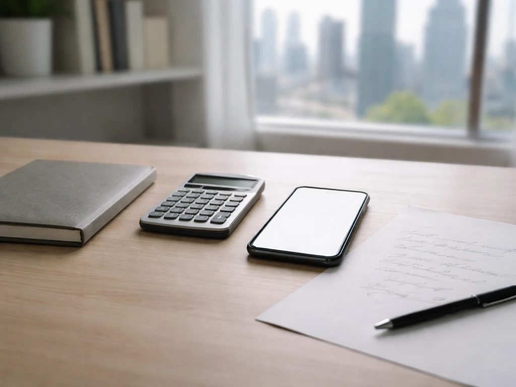 Minimal office desk with calculator and notebook, suggesting building a financial estimate from benchmarks.