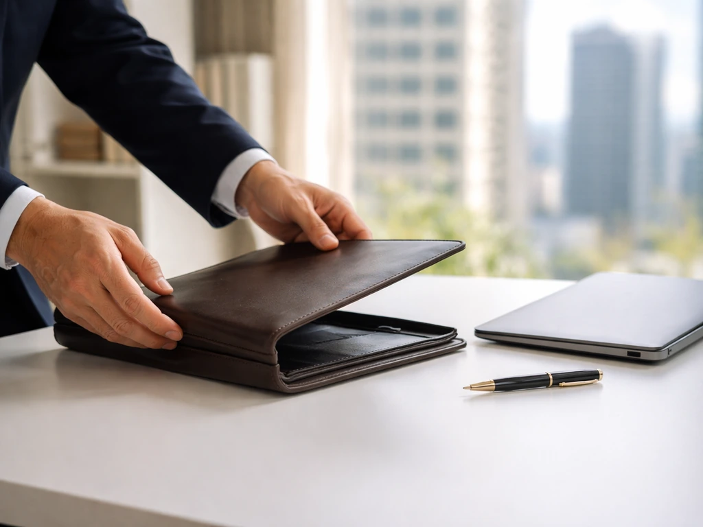 Close-up of a dark leather portfolio and fountain pen beside a laptop in a quiet upscale office