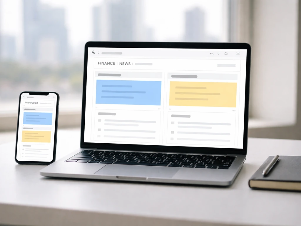 Minimal desk scene with laptop and smartphone displaying a generic finance dashboard with highlighted update sections.