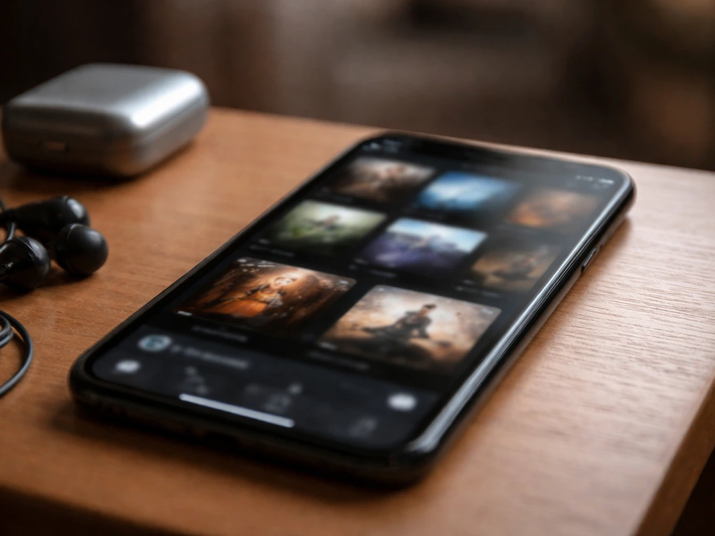Smartphone on a wooden desk showing blurred music covers, with earbuds nearby to suggest streaming royalties.