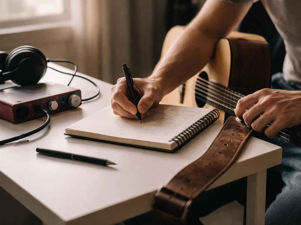 Hands writing lyrics beside an acoustic guitar and studio gear in a quiet home recording setup