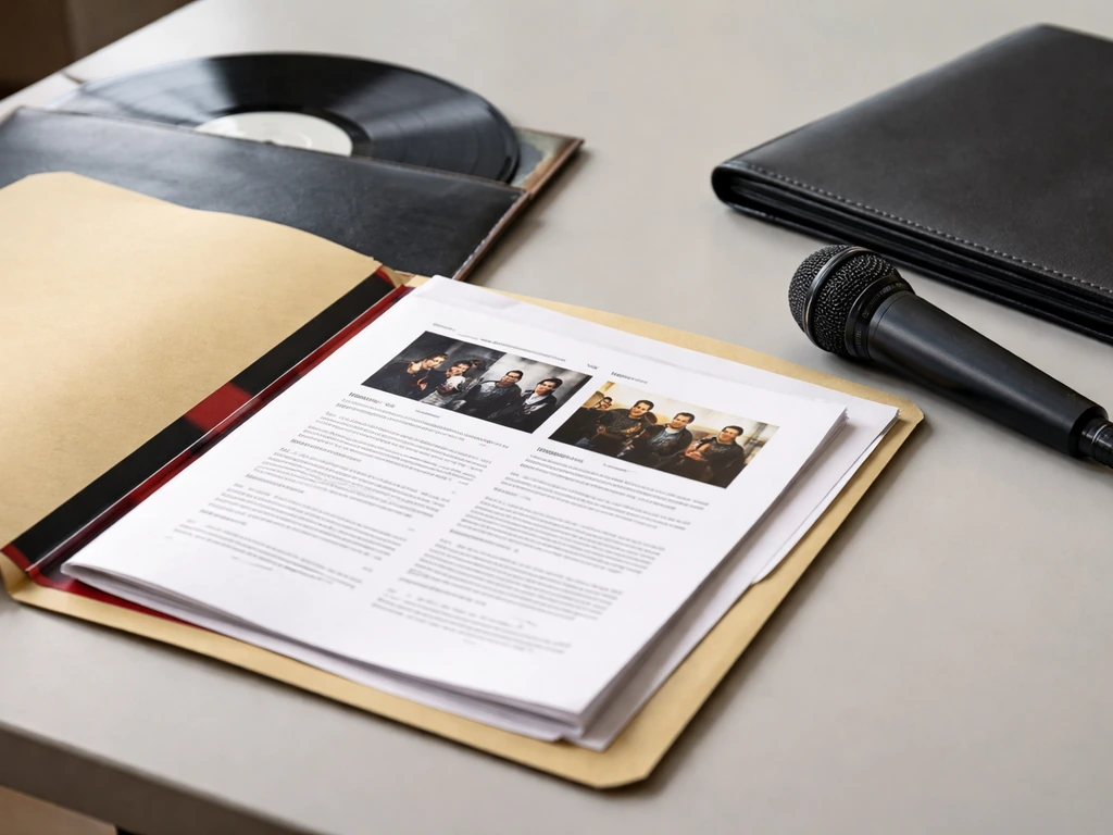 Label-era music promo materials and a microphone on a studio table, minimal and realistic.